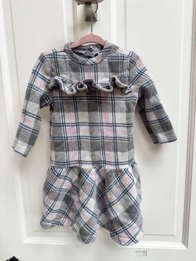 Janie and Jack Girls 4 Gray and Pink Plaid Ruffle 3/4 Sleeve Sweater Dress
